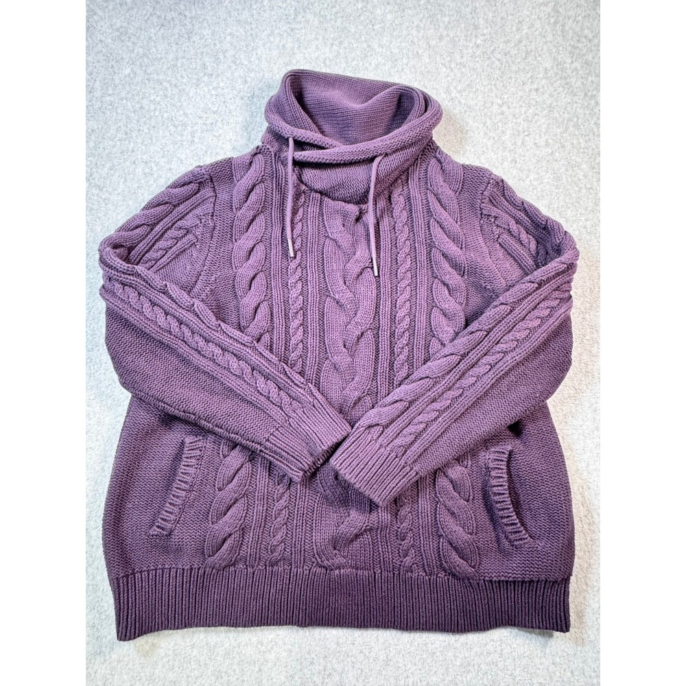 LL Bean Womens 2X Plus Purple Cable Knit Funnel Neck Drawstring Sweater Pockets